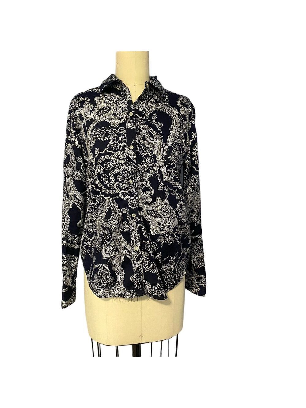 Lauren Ralph Lauren Navy and White Paisley Blouse Size Small